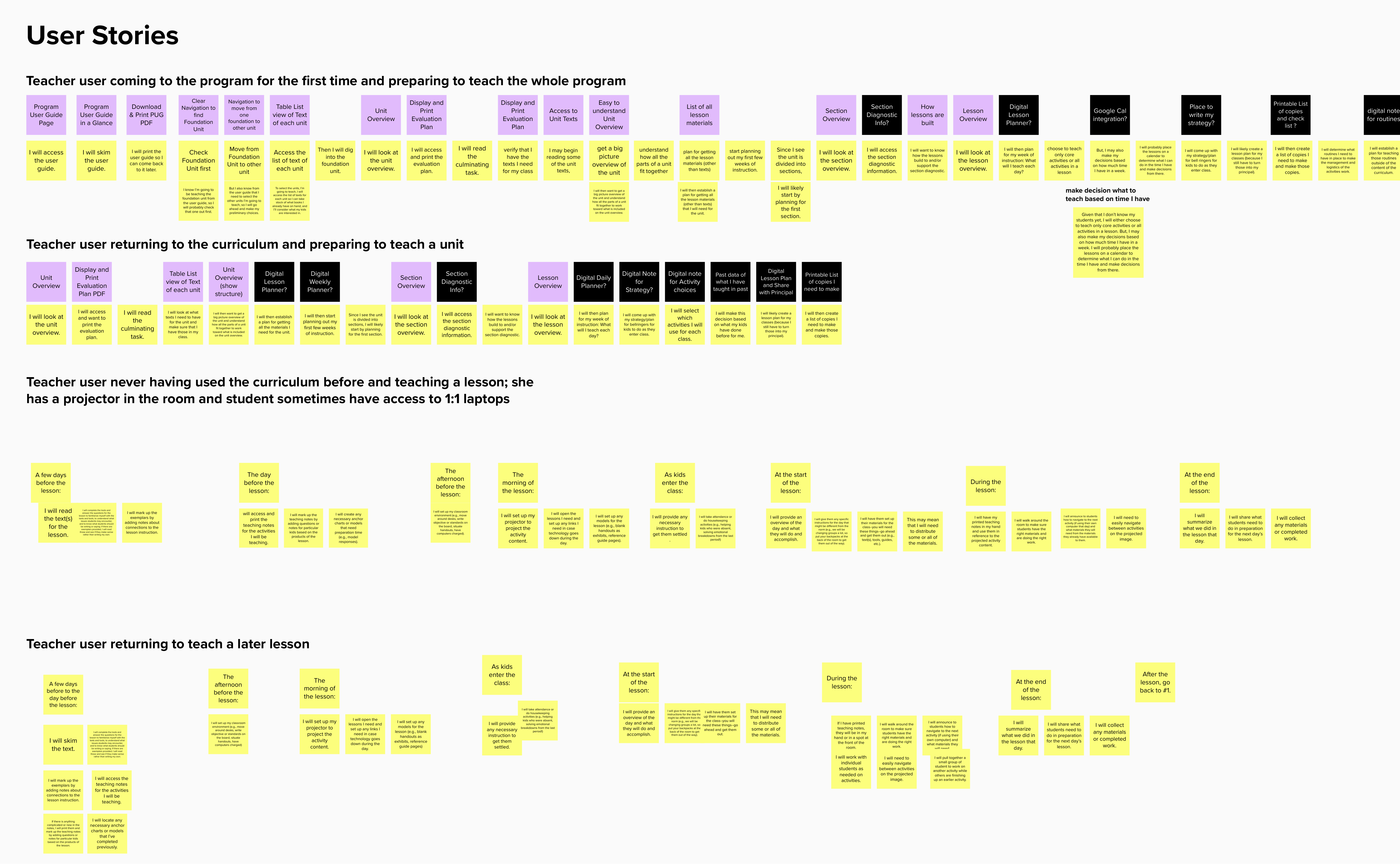 Teacher user stories — first-time, returning to a unit, and teaching a lesson scenarios