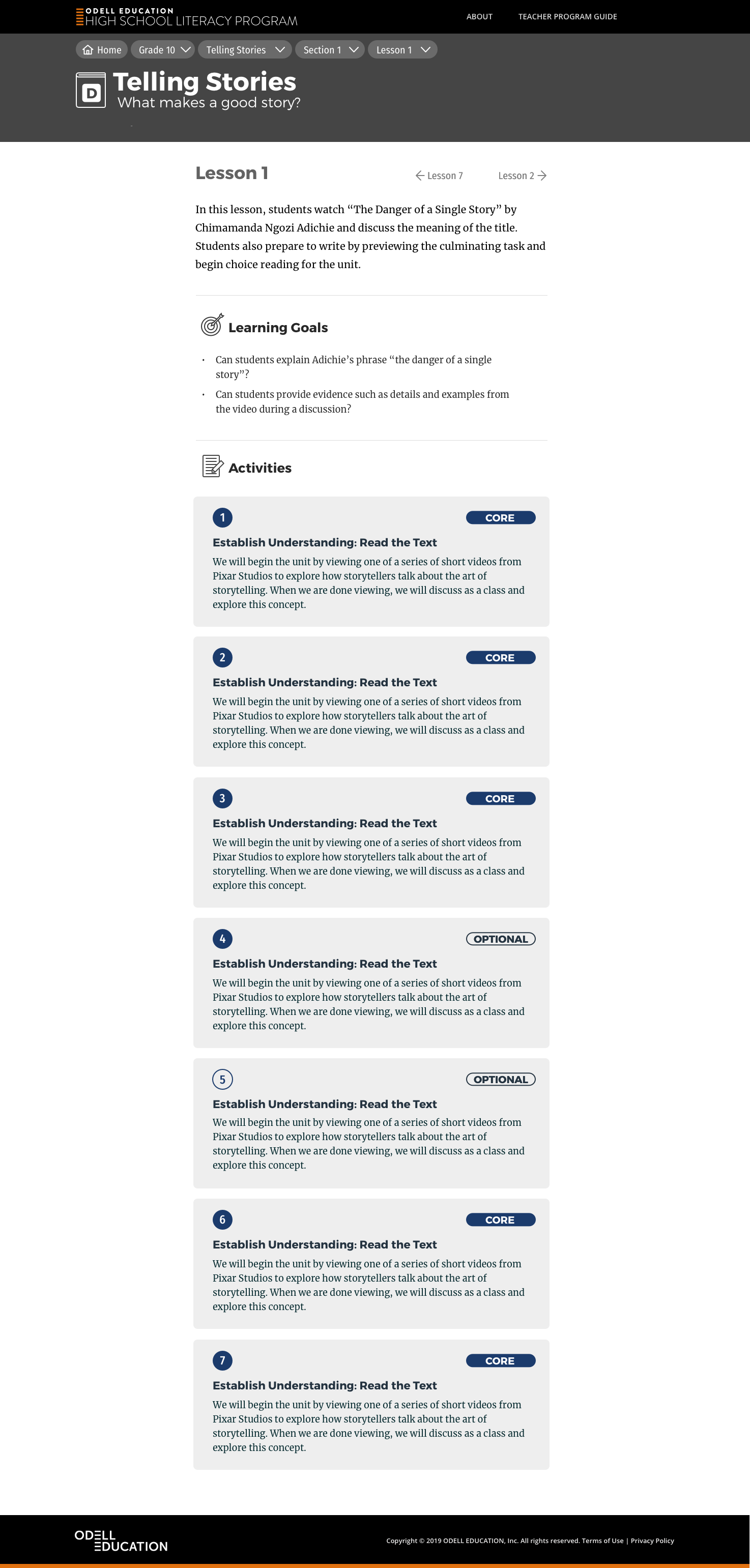 Lesson page wireframe — learning goals and core versus optional activities