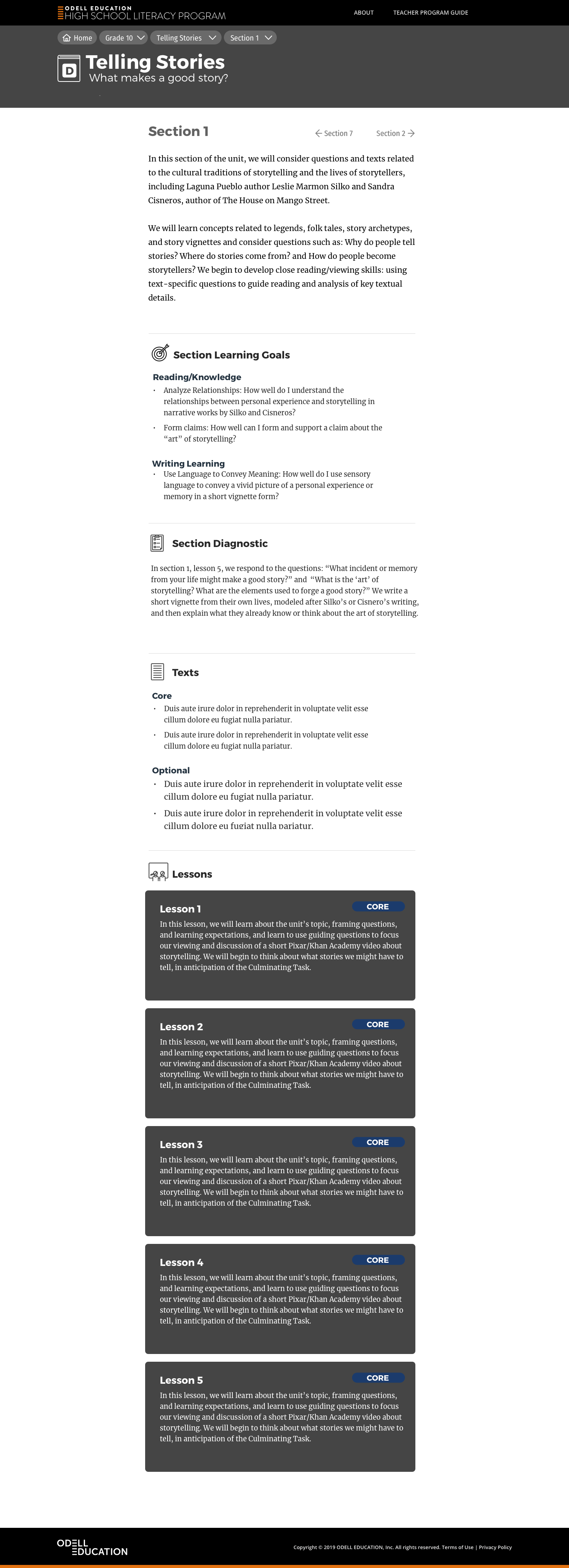 Section page wireframe — overview, learning goals, texts, and materials