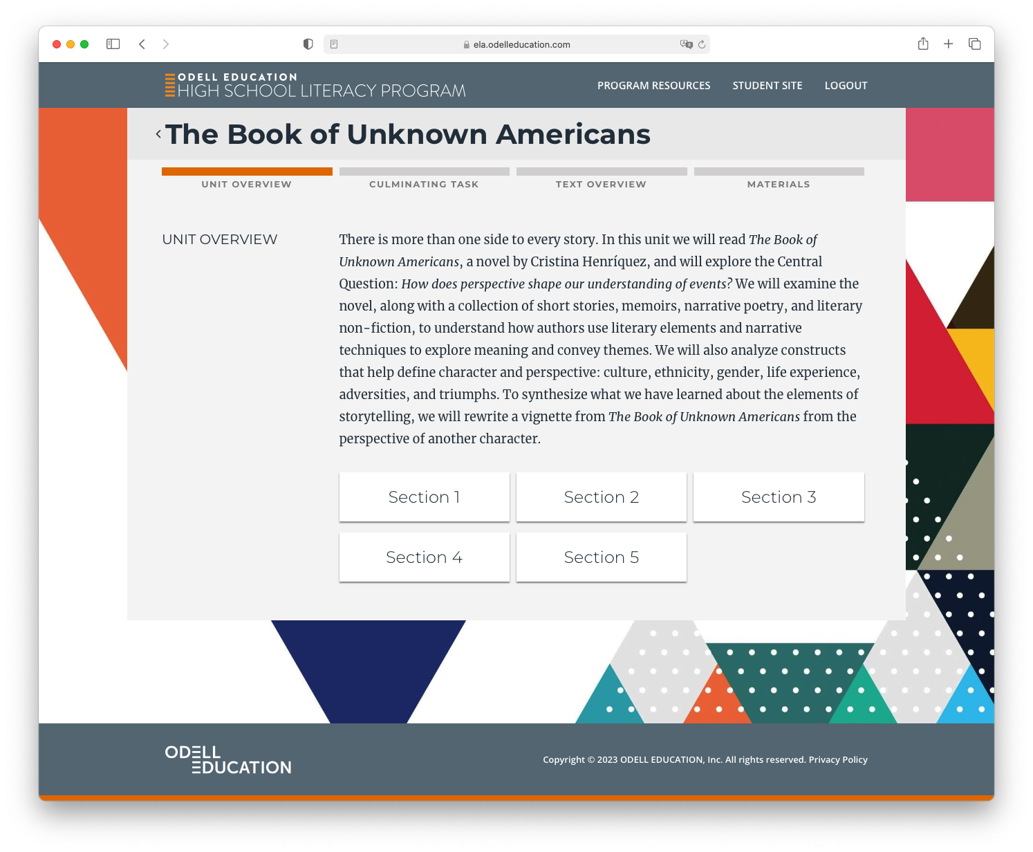 Unit overview page — The Book of Unknown Americans, with section navigation