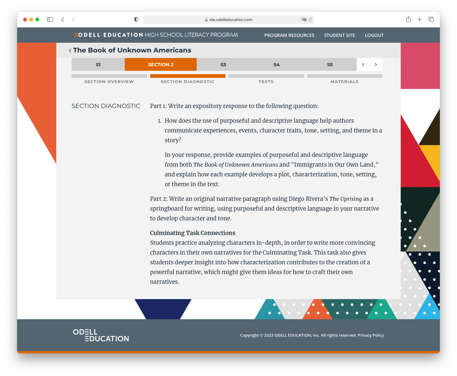Section diagnostic page — writing prompts and culminating task connections