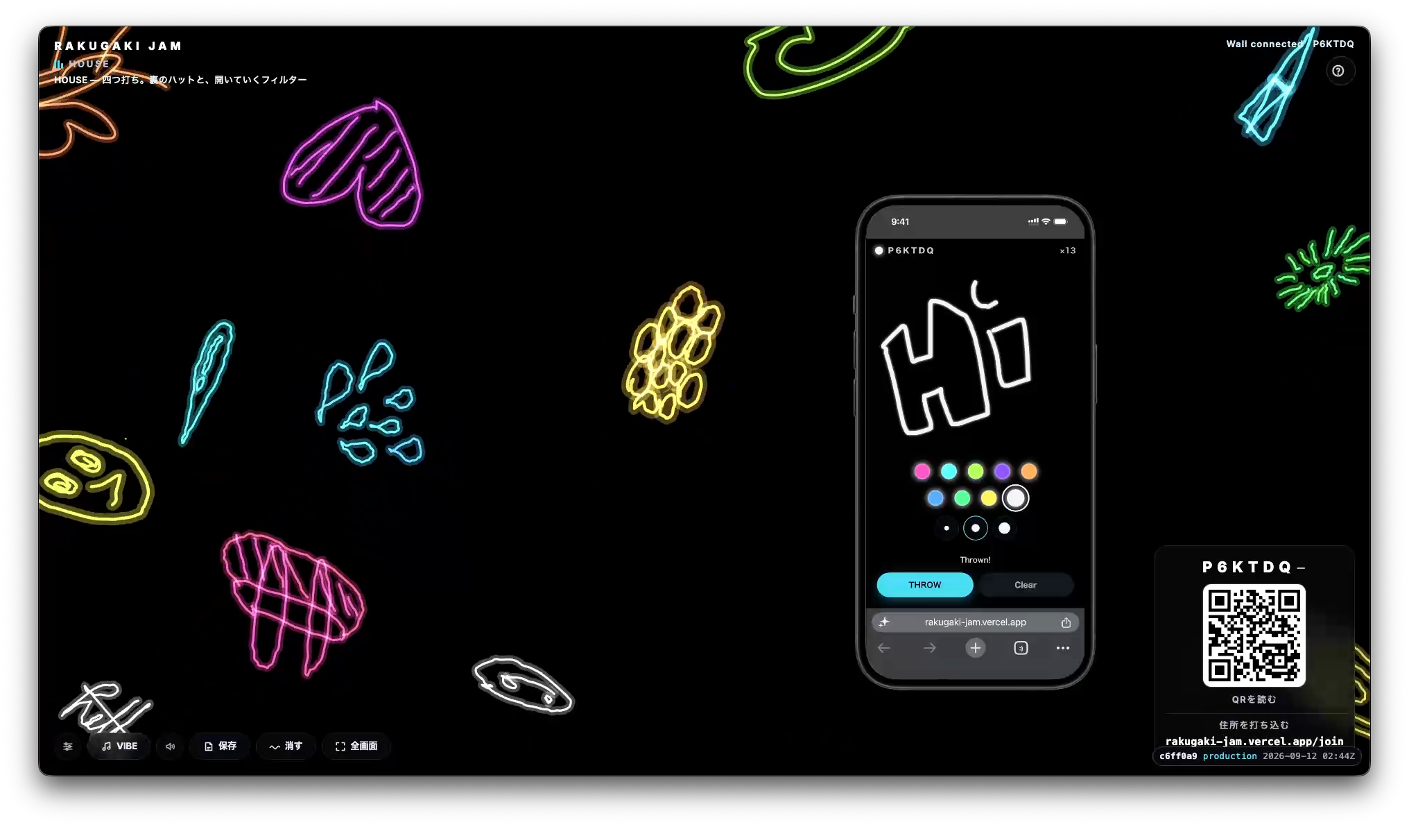 The Rakugaki Jam wall full of glowing doodles, with a phone in the same session showing a drawing of the word Hi, a colour palette and a Throw button, and a join panel with a QR code
