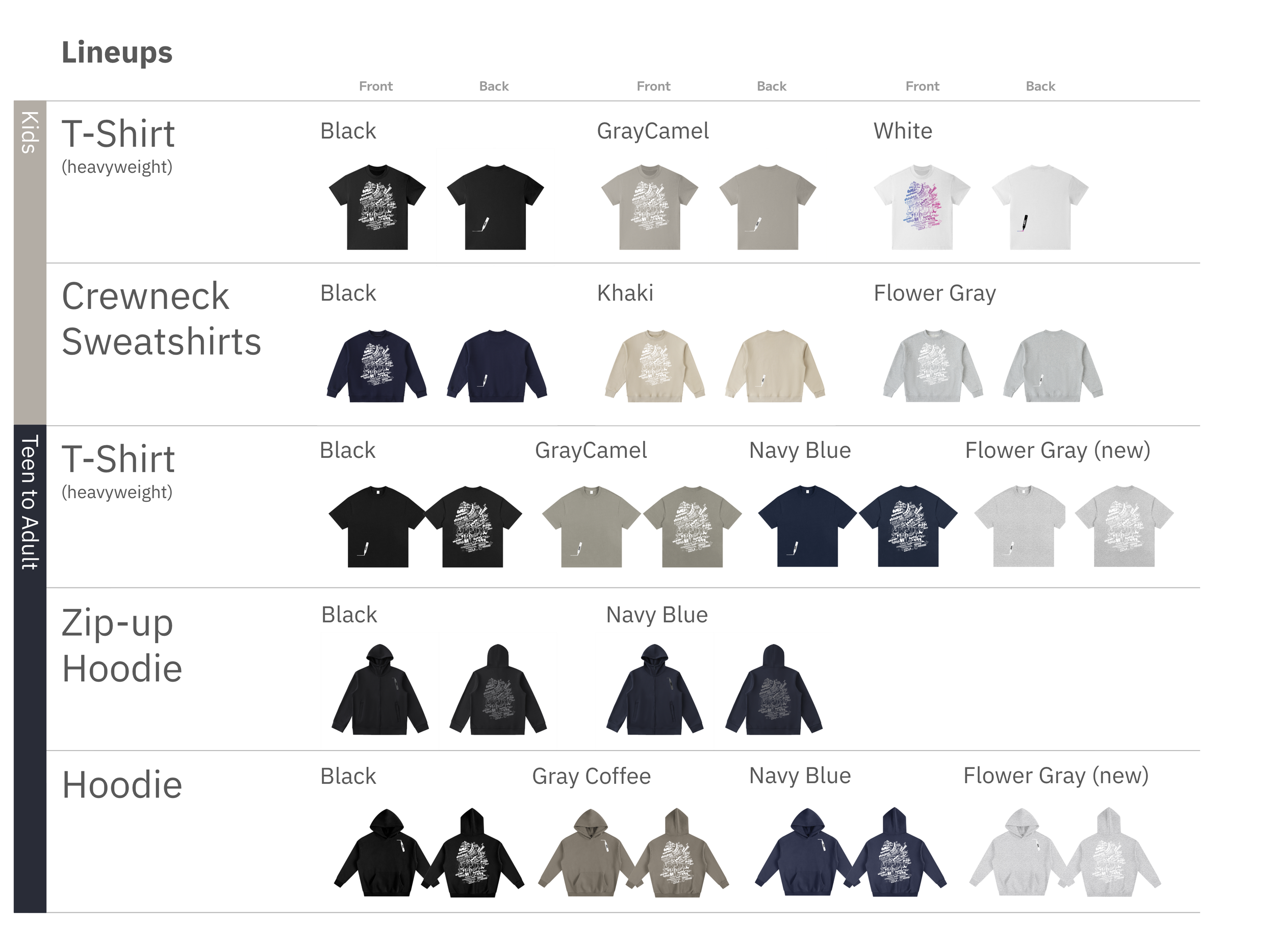 GraffitiWear product lineup matrix across kids and teen-to-adult sizing