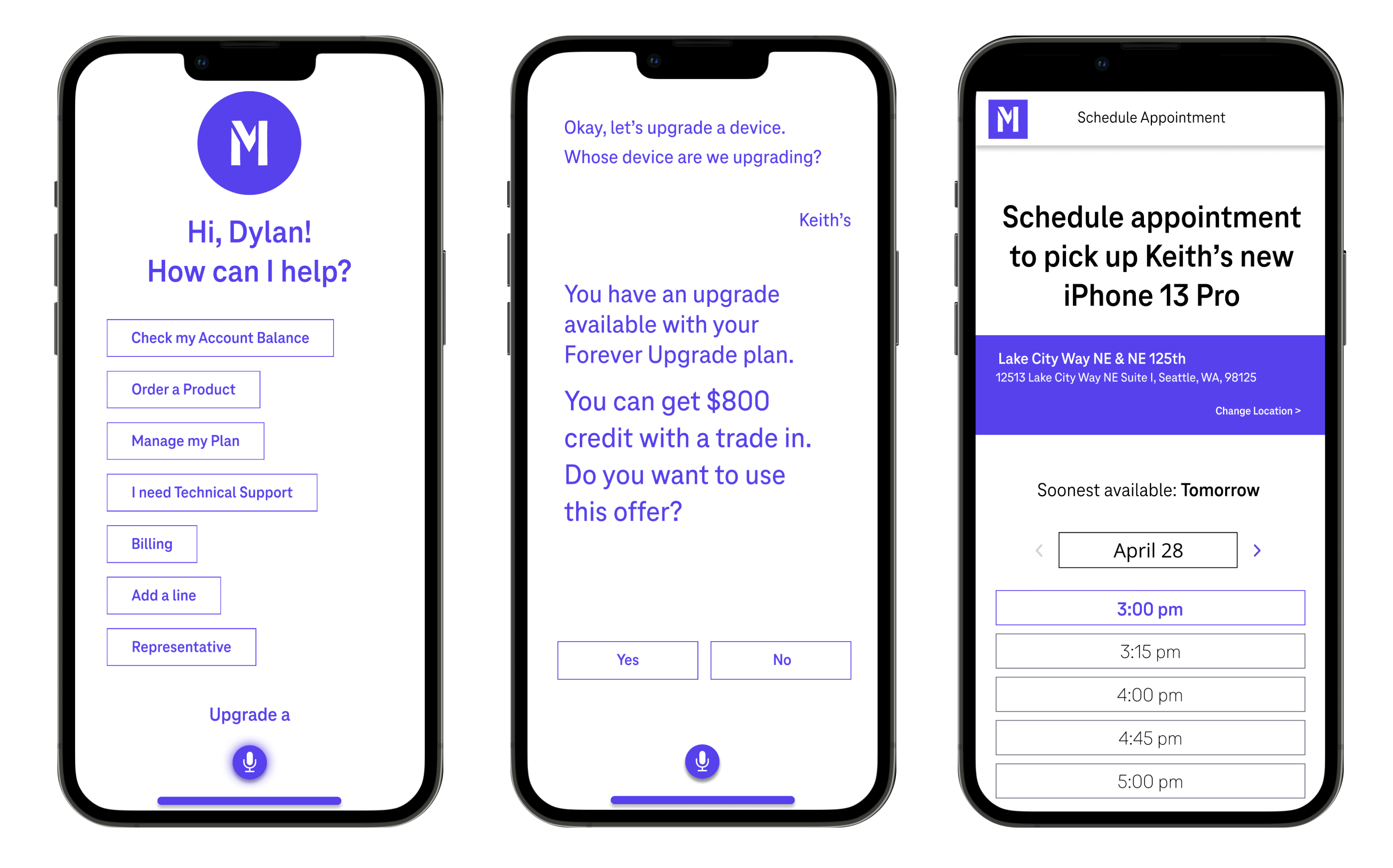 Voice AI chatbot — account help, upgrade offer, and appointment scheduling flow