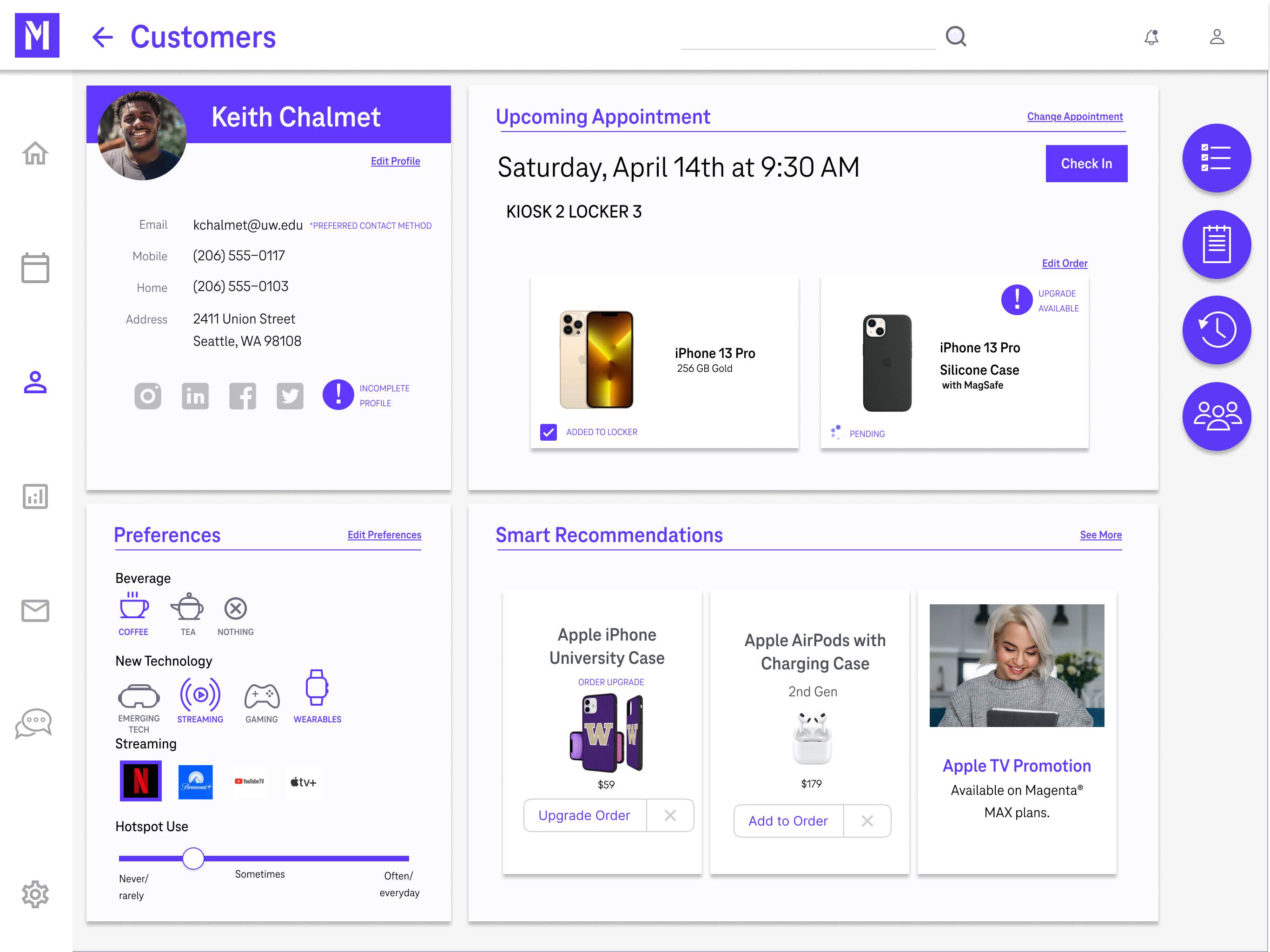Customer Care App — customer profile with upcoming appointment, kiosk and locker assignment