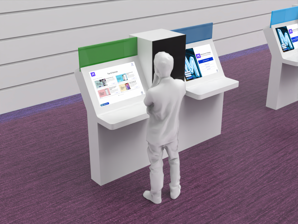 Self-serve kiosk row — Tips & Tutorials and welcome screens side by side
