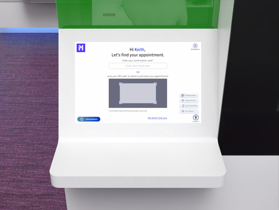 Kiosk — appointment check-in with confirmation code and QR scan