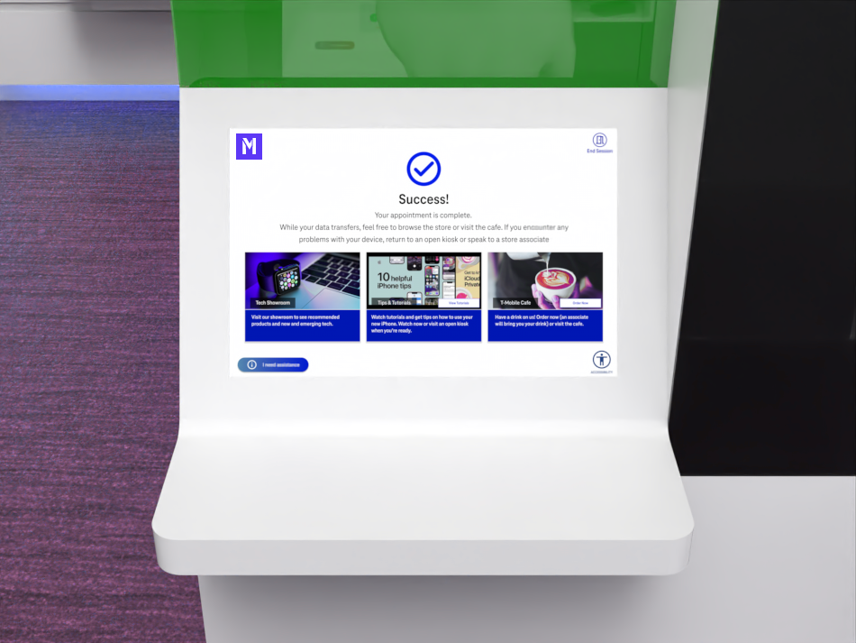 Kiosk — appointment complete, browse store or cafe while device transfers