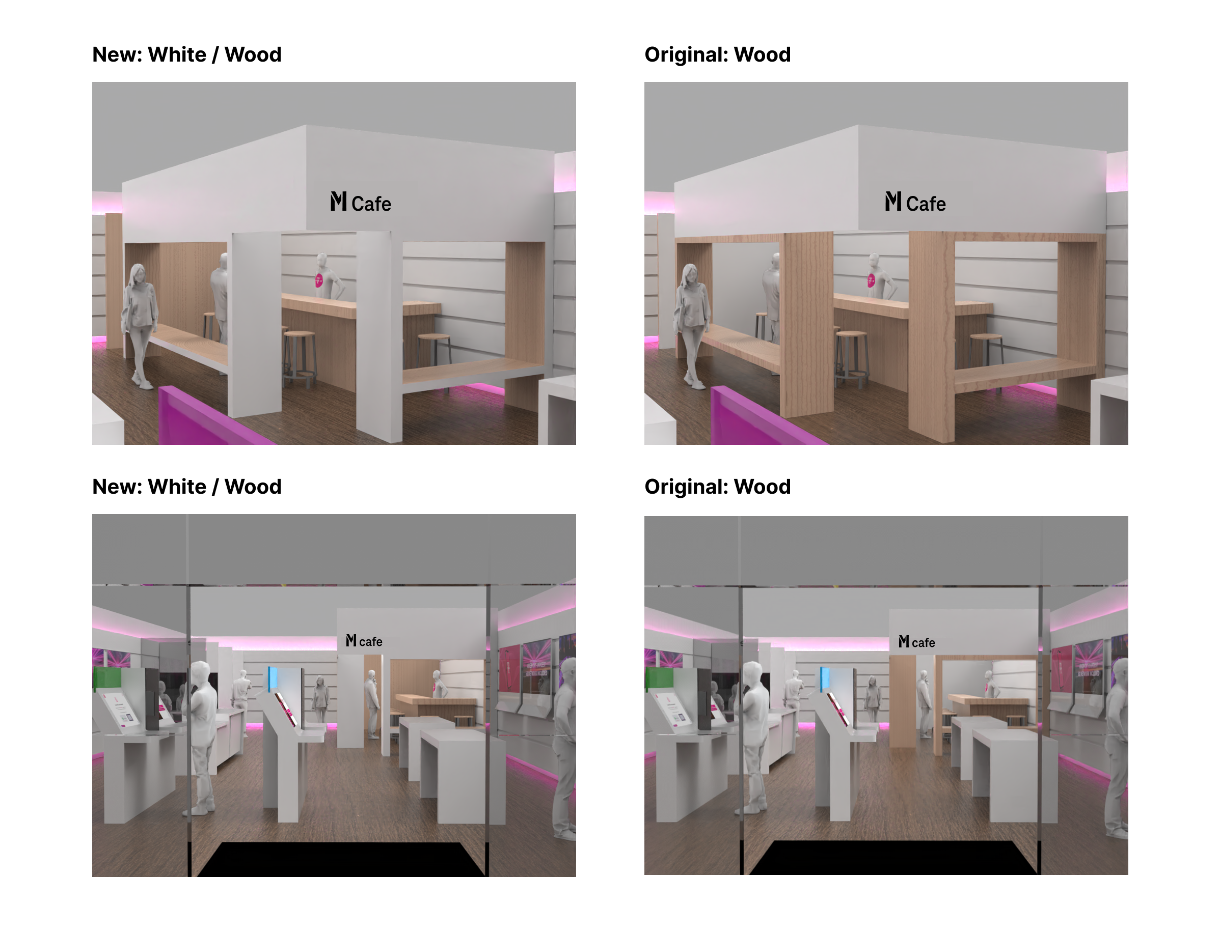 Kiosk material exploration — white/wood vs. wood finish