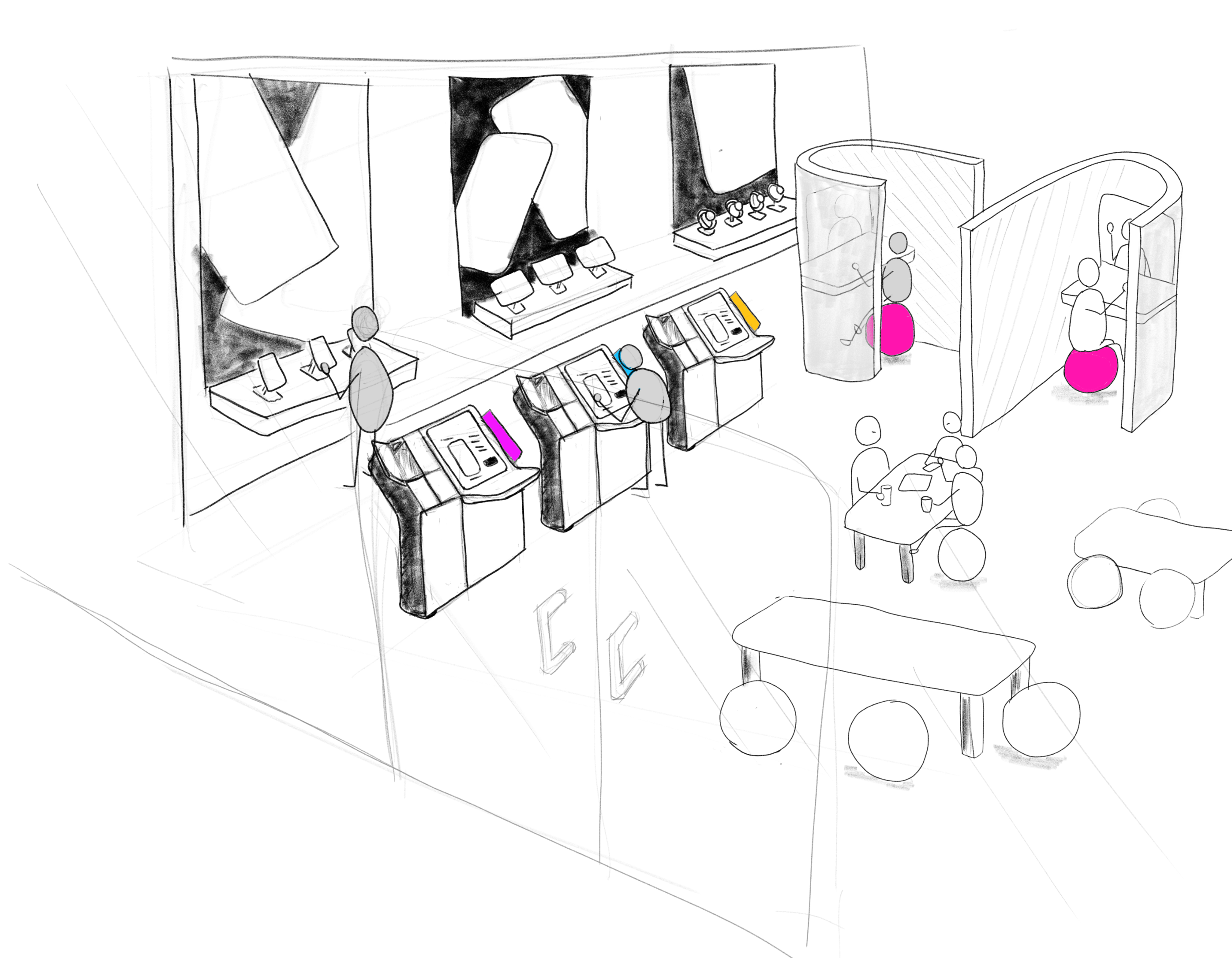 Kiosk and locker row — early concept sketch