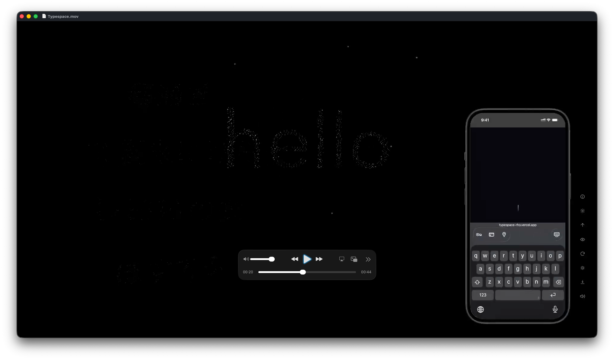 Typespace: the word hello formed from white points on black, with earlier words fading into scattered dots, beside a phone with its keyboard open