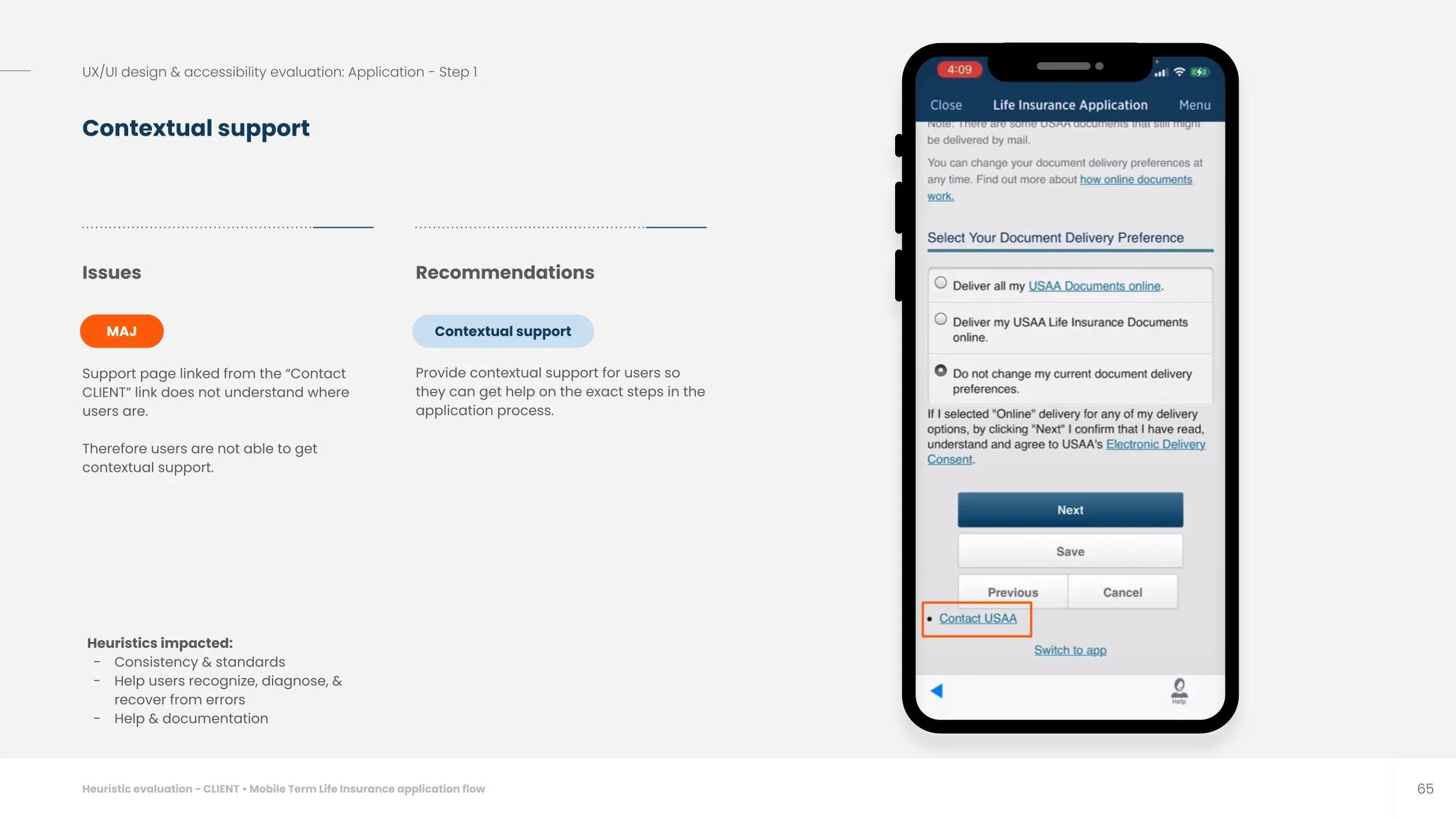 Audited UI — contextual support issue, major severity, with recommendations