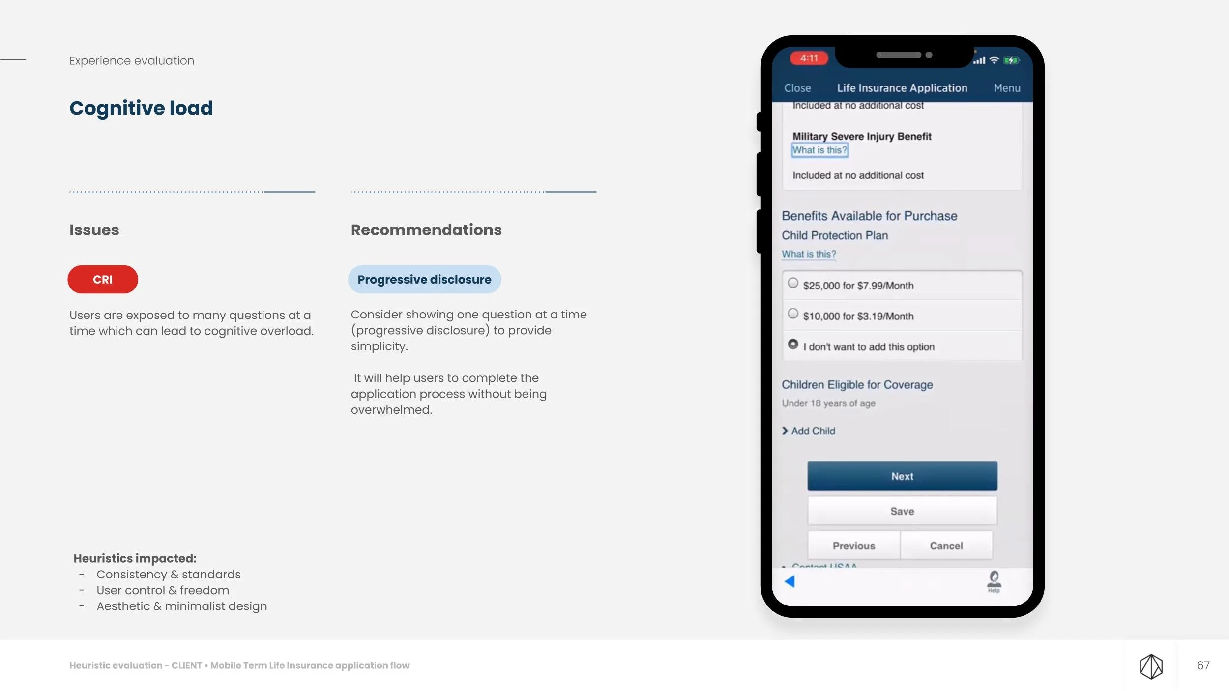 Audited UI — cognitive load issue, critical severity, with recommendations