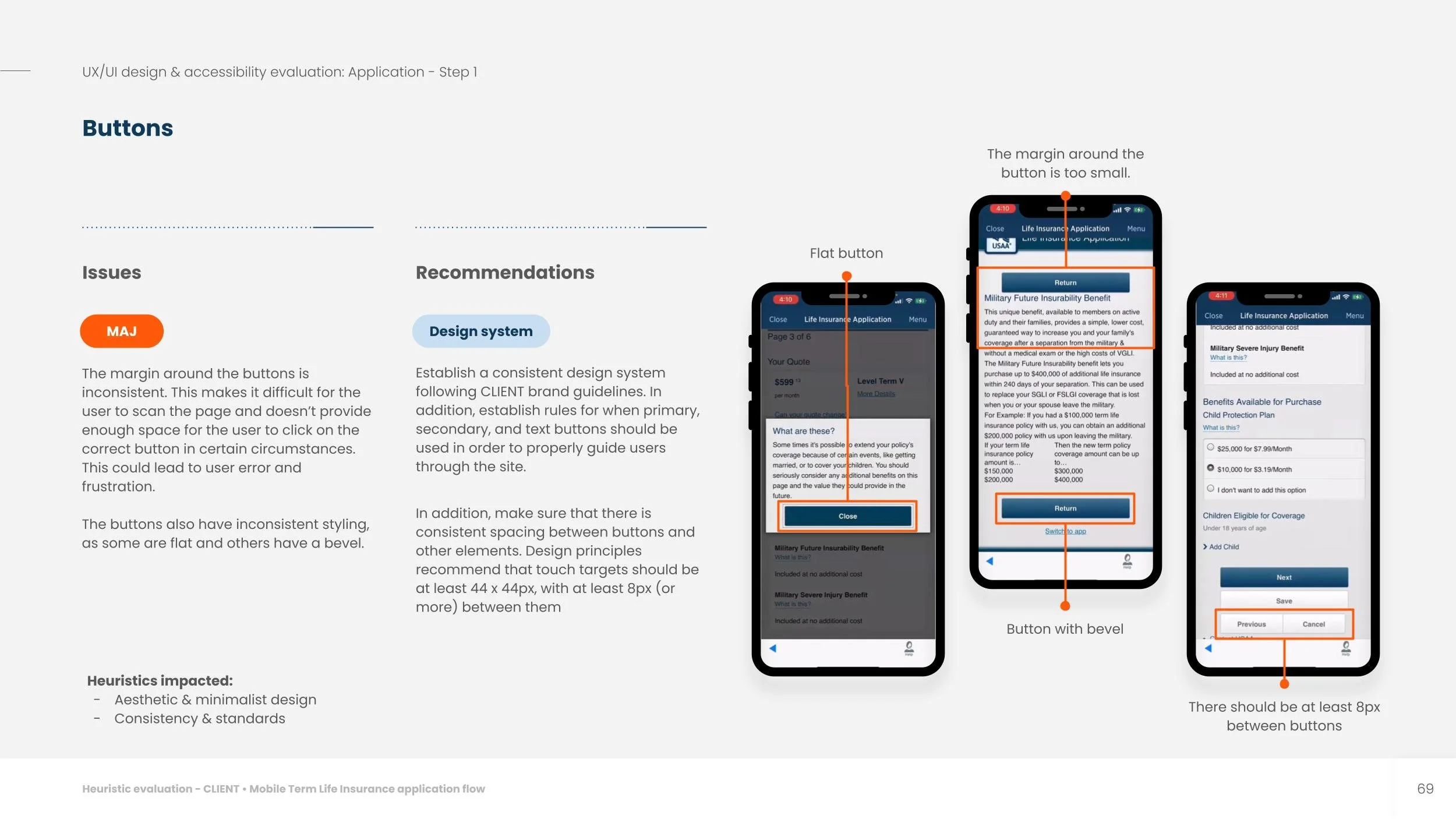Audited UI — button inconsistency issue, major severity, with recommendations