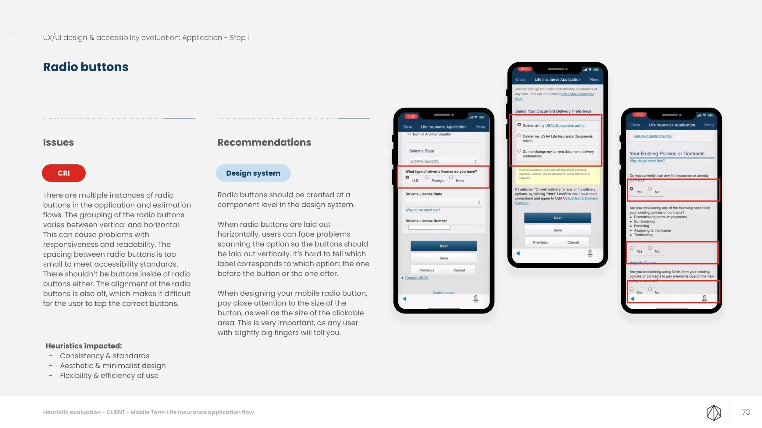 Audited UI — radio button issue, critical severity, with recommendations