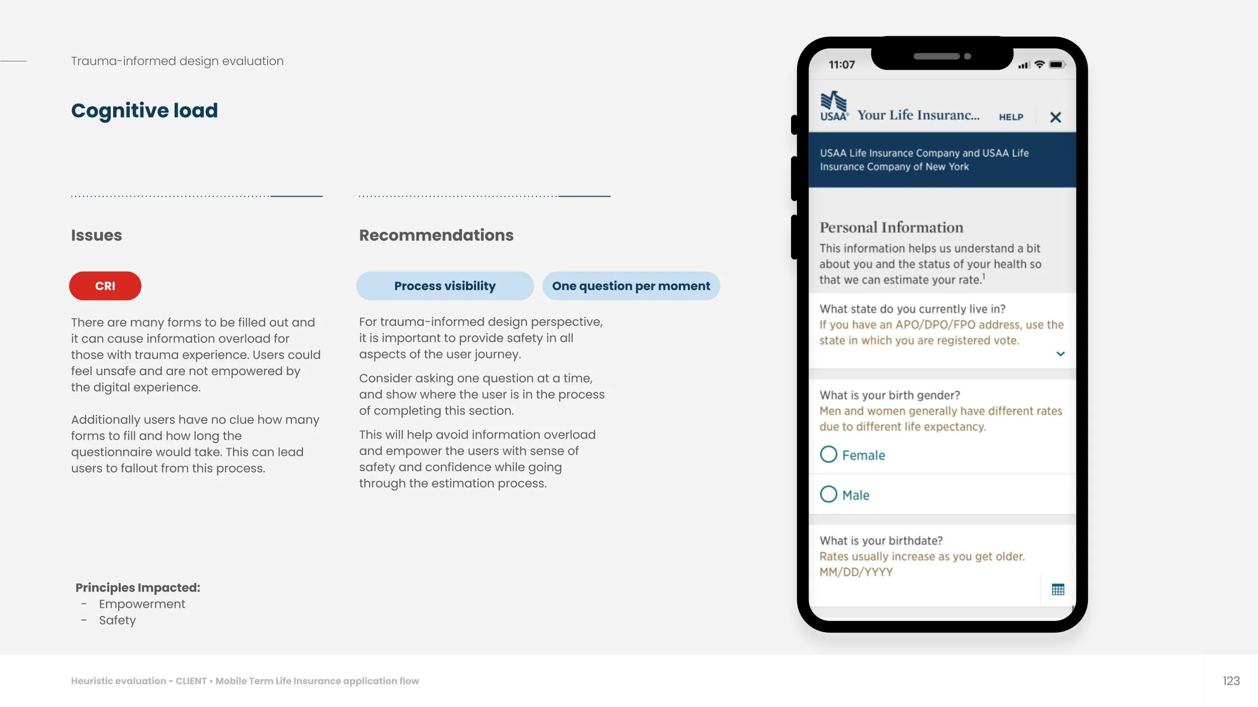 Audited UI — cognitive load issue, trauma-informed lens, critical severity