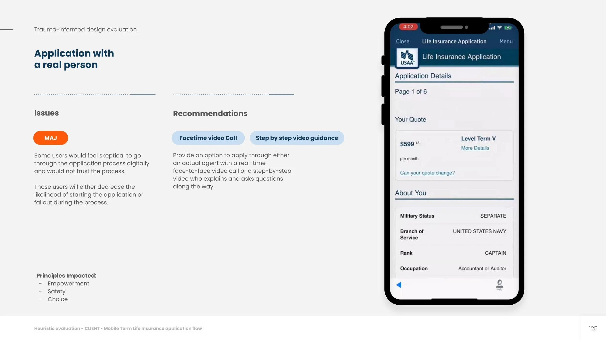 Audited UI — application with a real person, trauma-informed lens, major severity