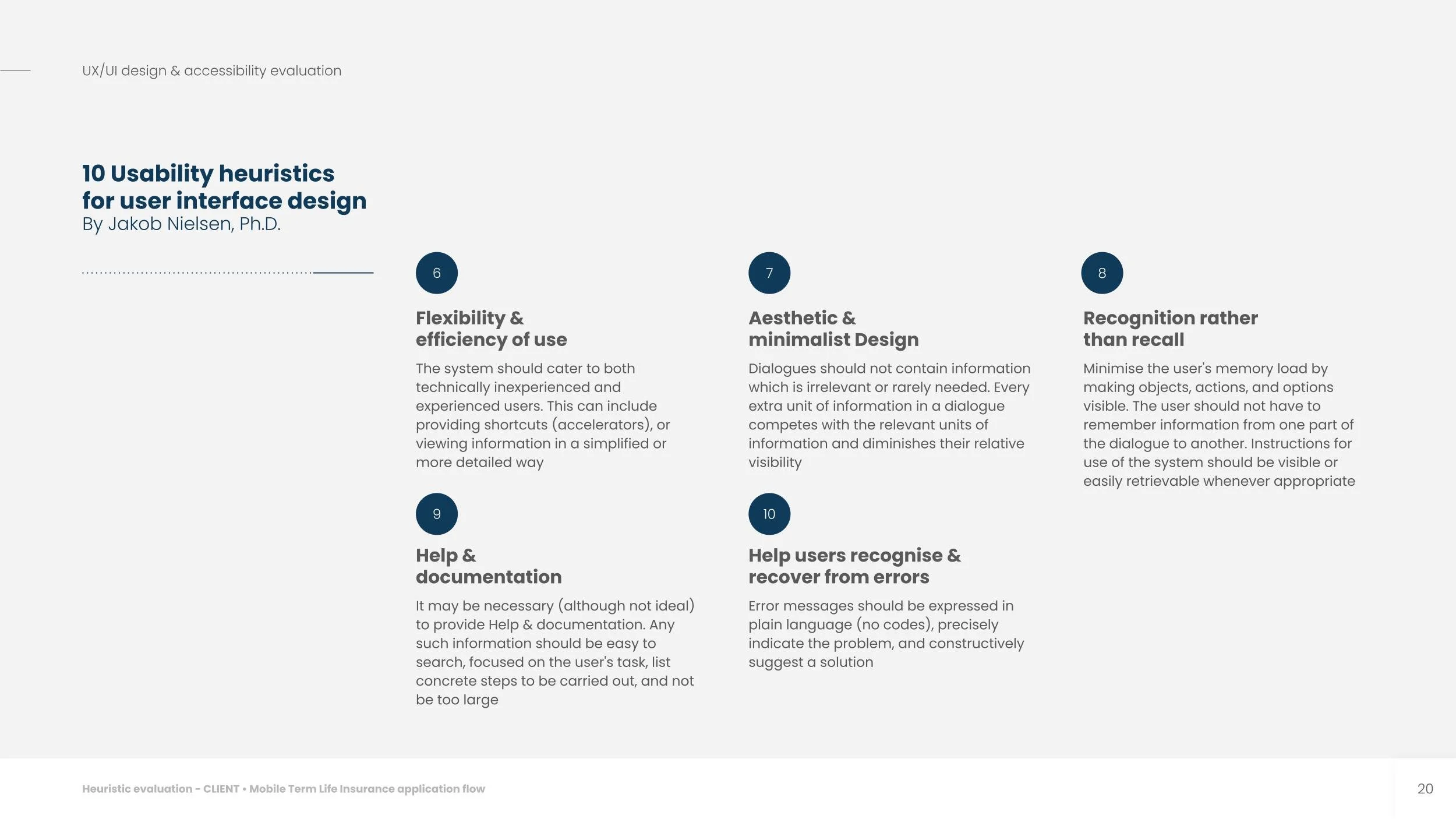 Nielsen's 10 usability heuristics — 6 through 10