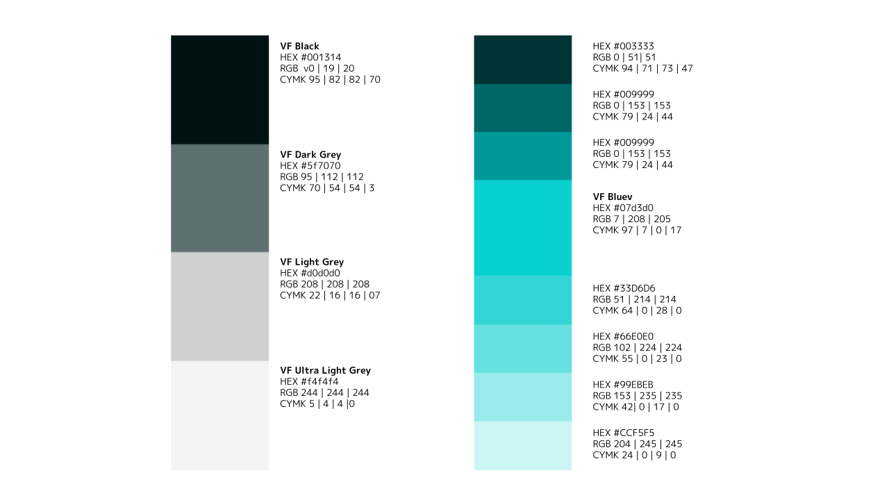 Value Frontier color system: deep ink, neutral greys, and teal scale
