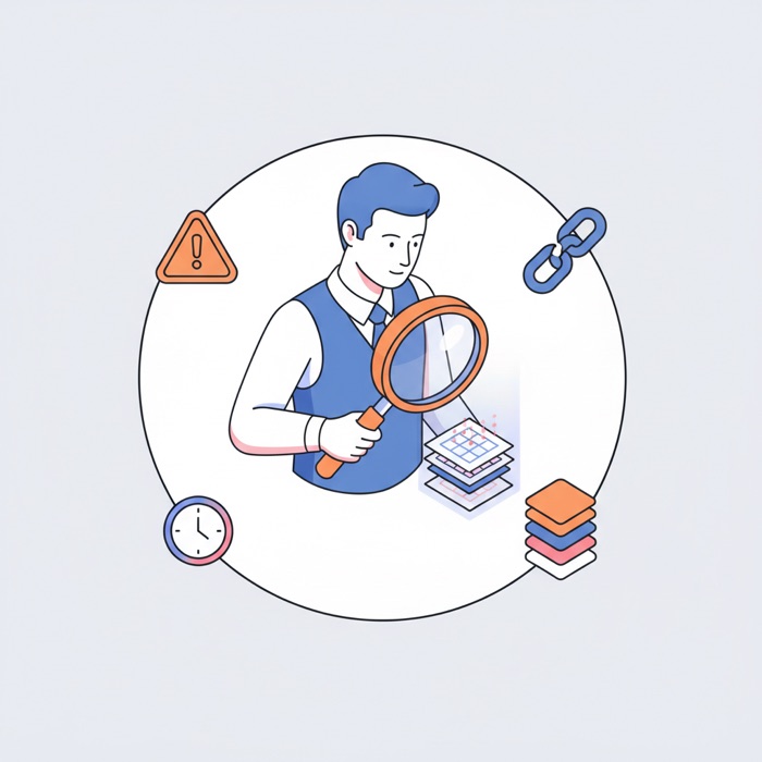 Illustrated portrait of Justin Case, the Edge Case Detector AI agent, examining a layered wireframe stack with a magnifying glass