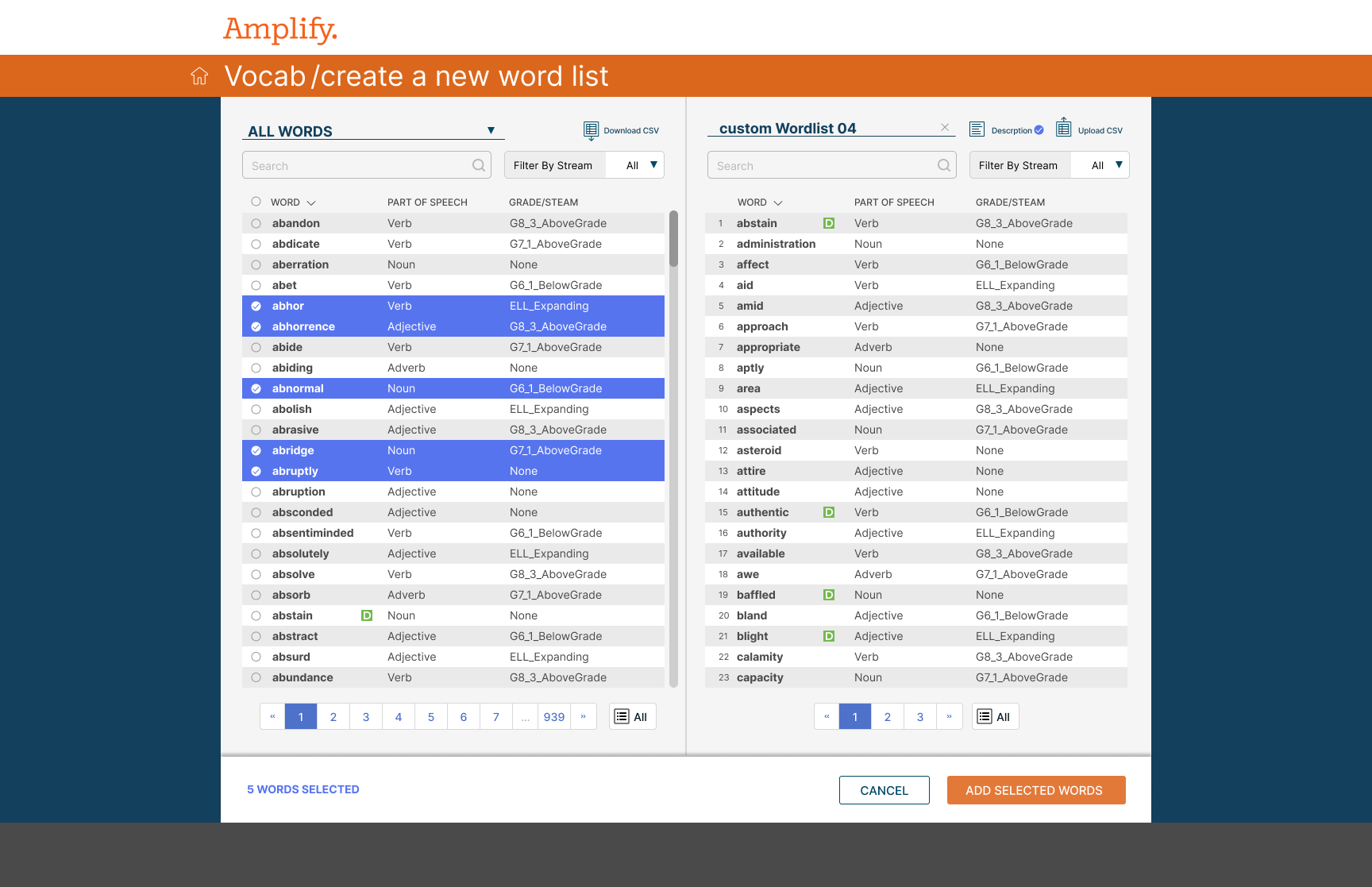 Multi-selecting words directly from the master word list