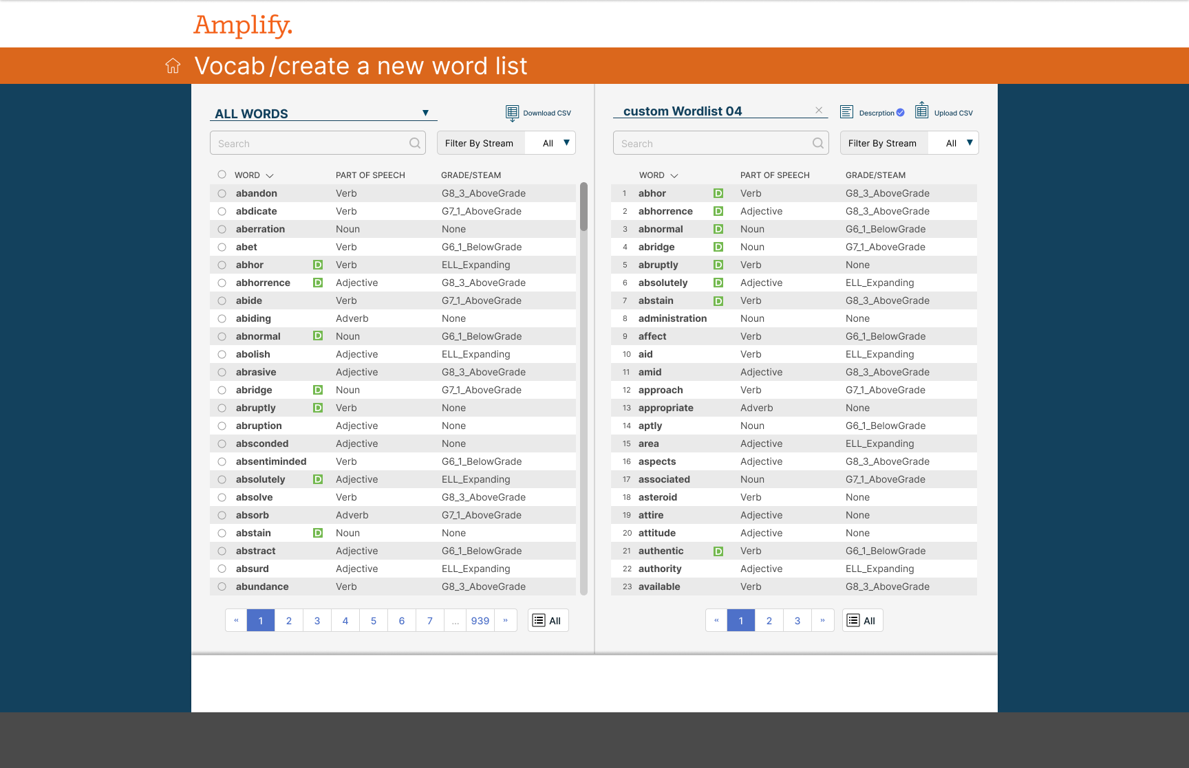 A populated word list — imported words shown with duplicate flags ready for review