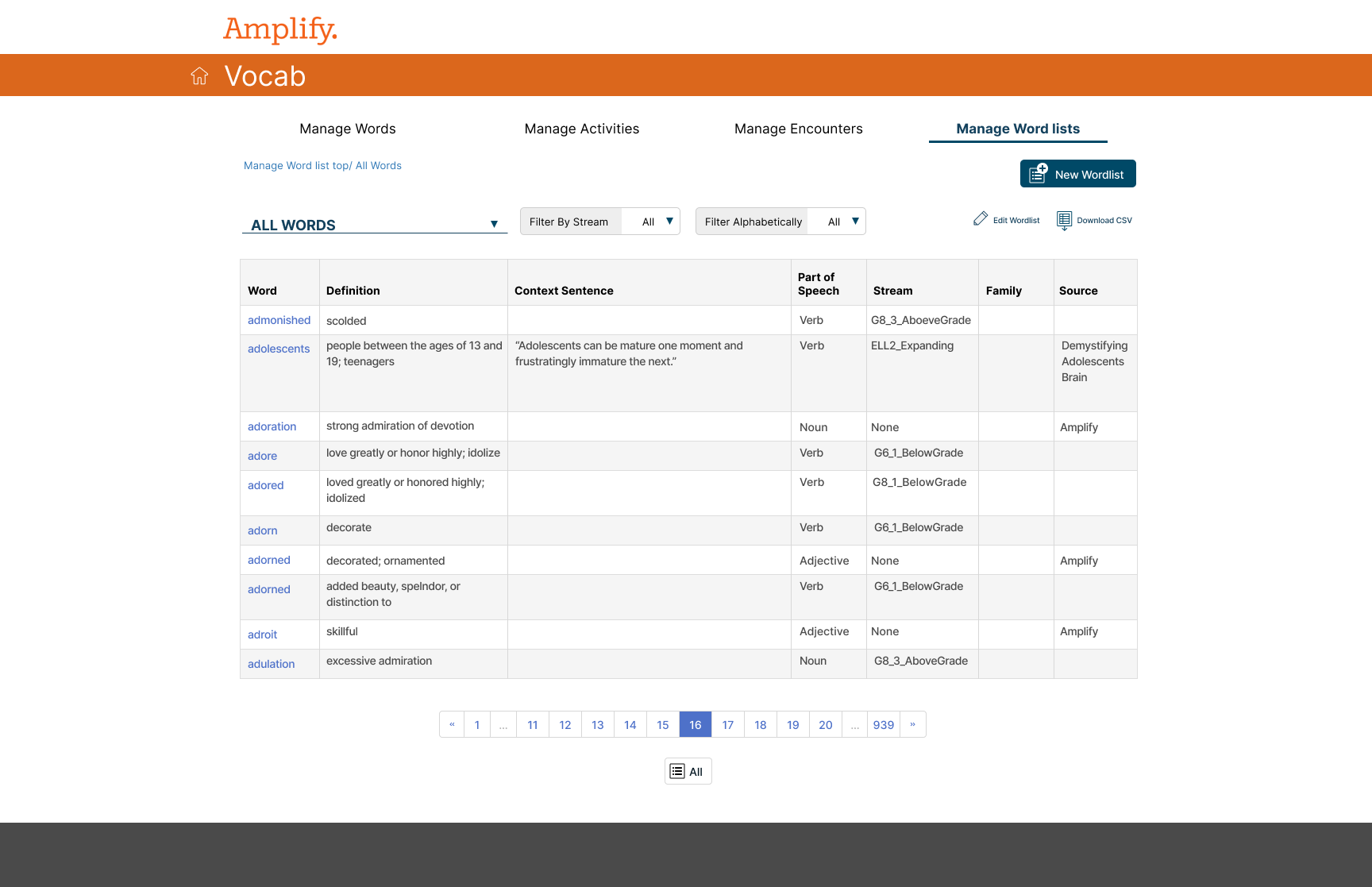 Create a new word list — dual-pane workspace pairing the master library with the list being built