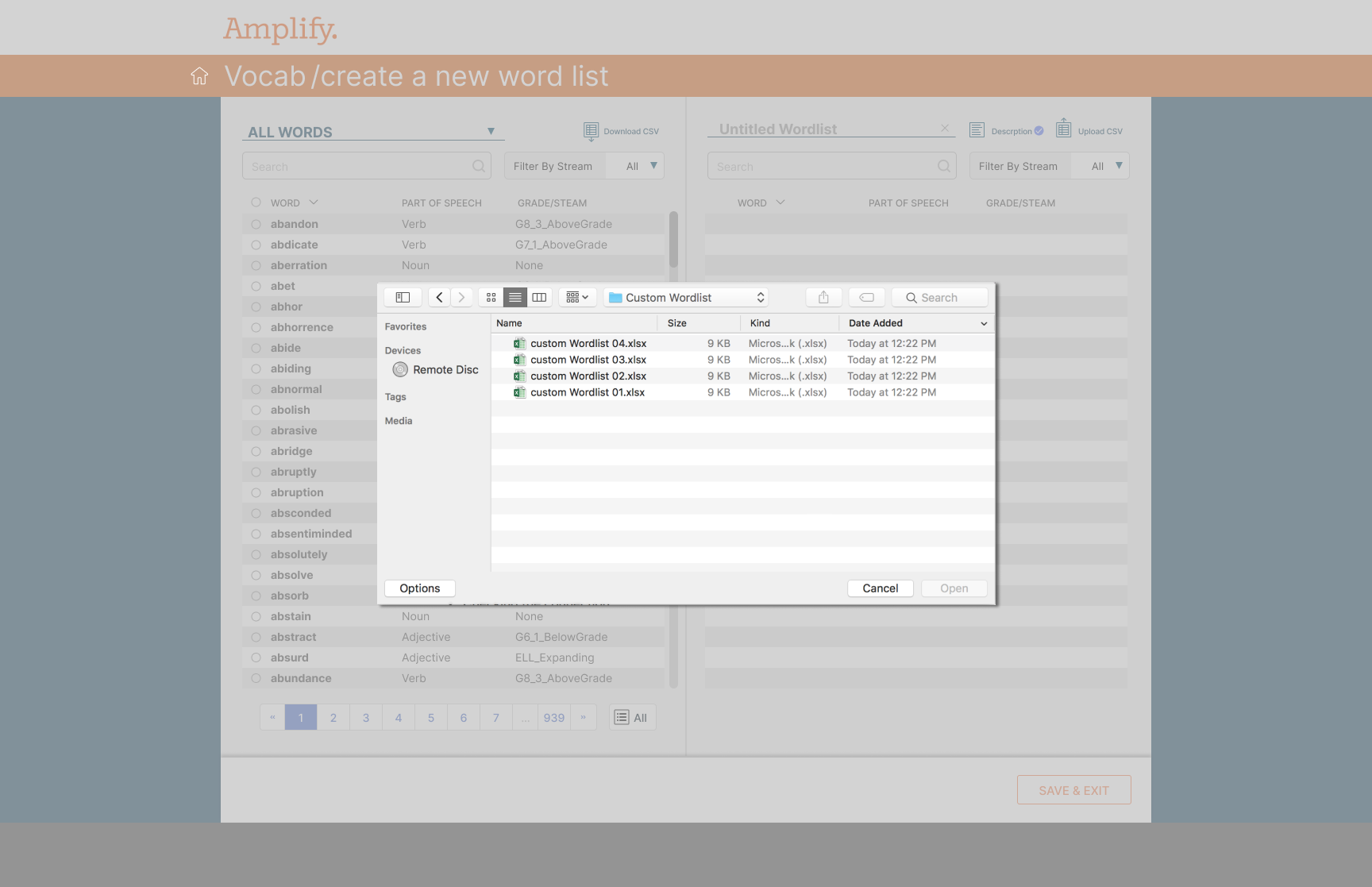 Import in progress after a CSV file is selected