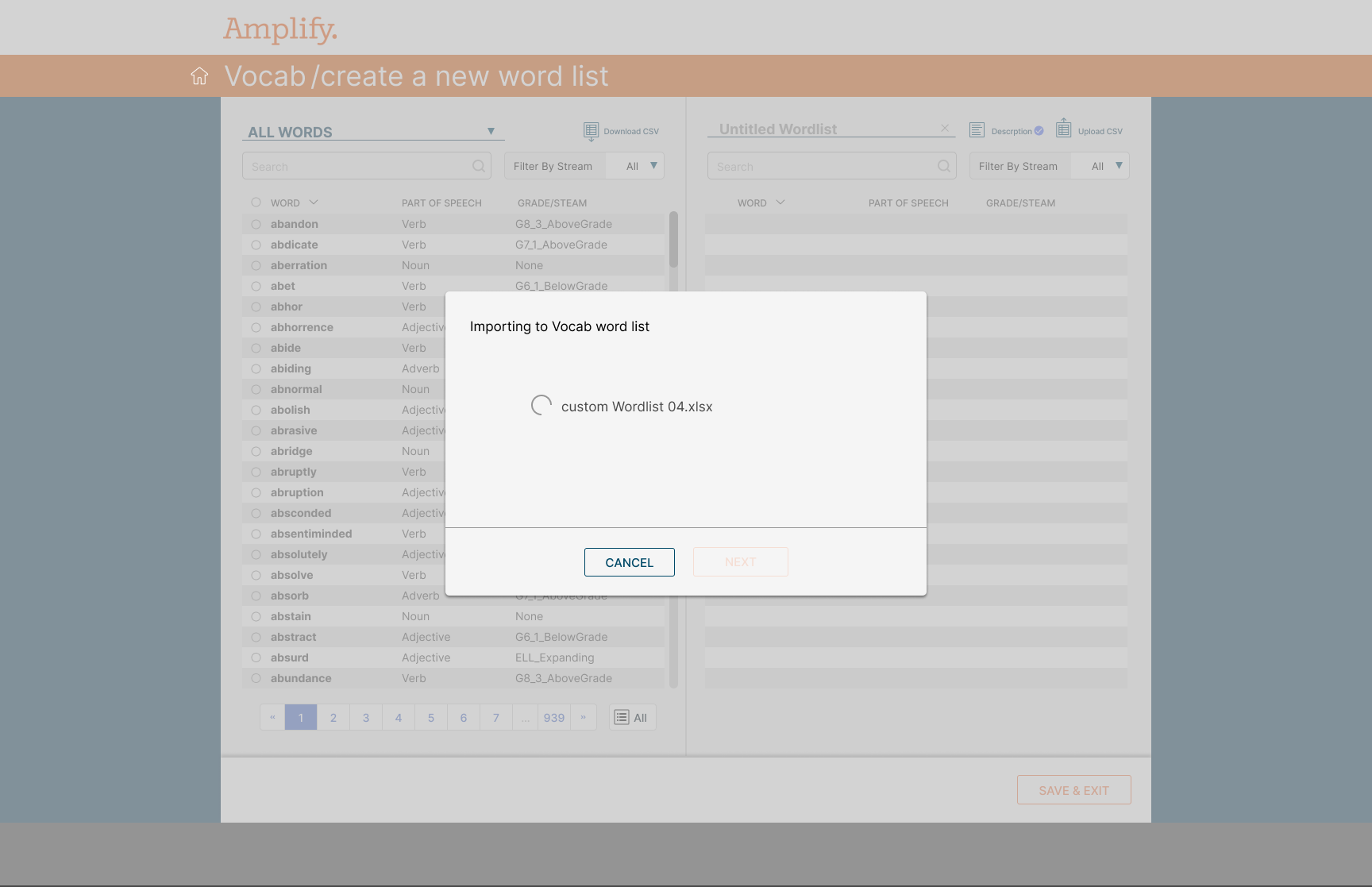 All Words — master vocabulary library with search, stream and grade filters, and pagination across hundreds of pages