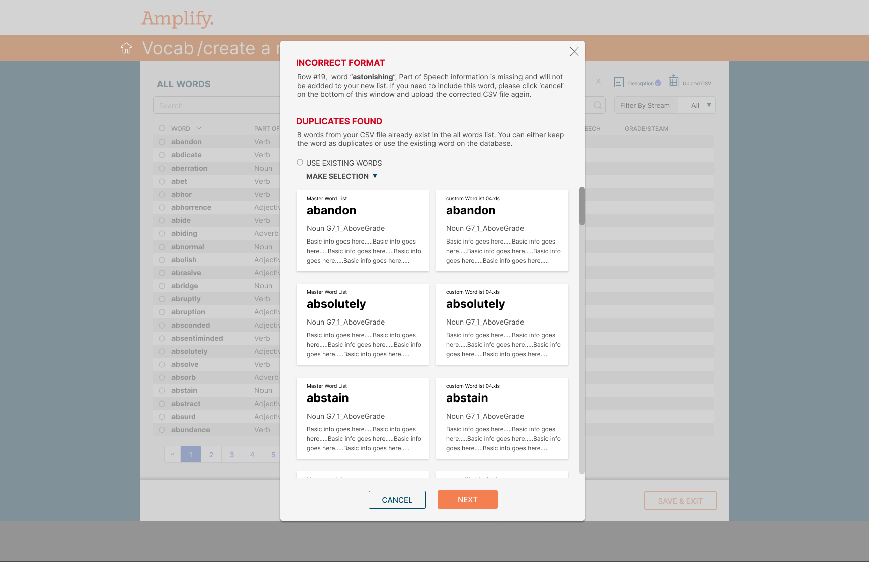 Inline validation flags a row with missing part-of-speech data and surfaces duplicate words before import completes