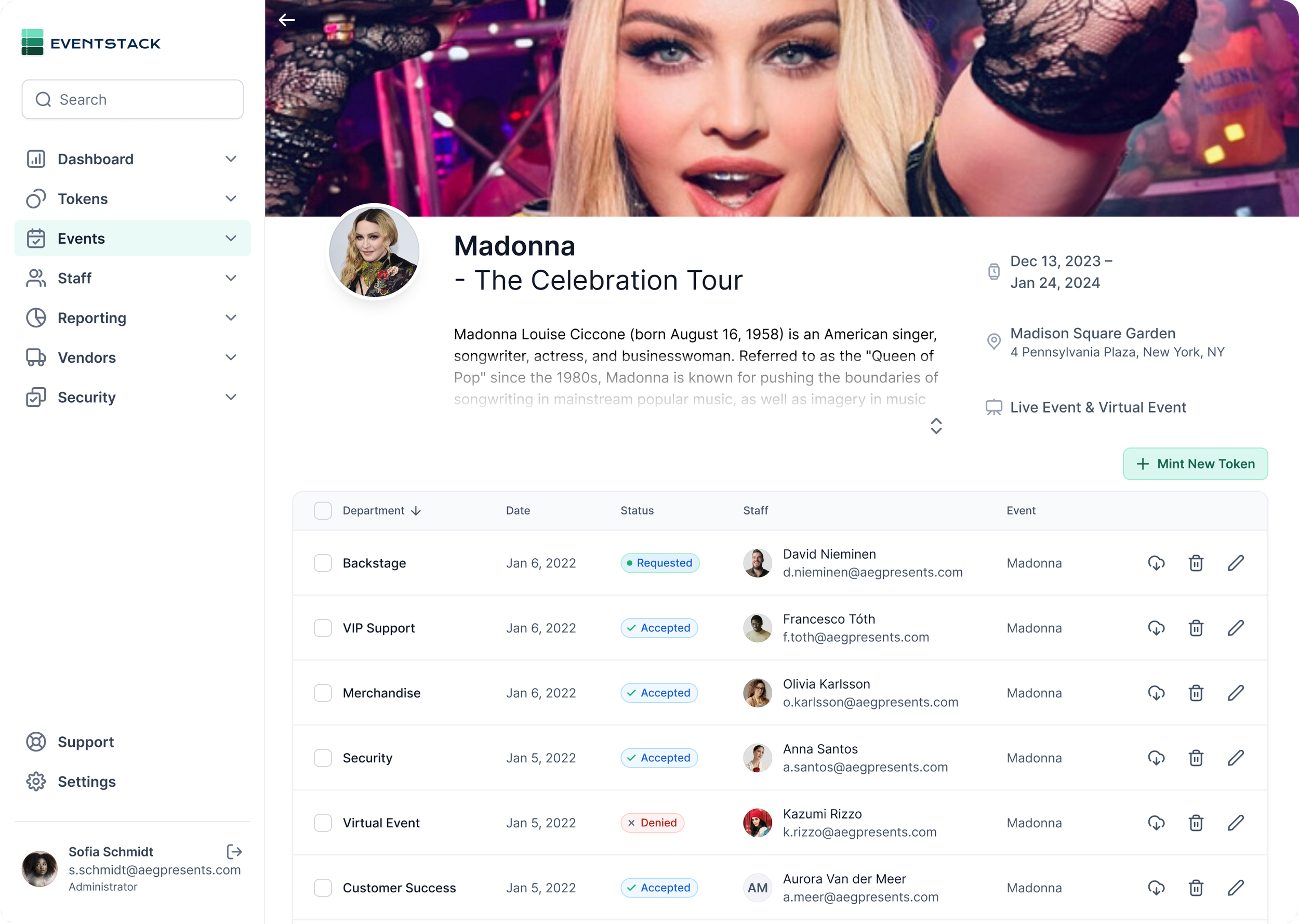 Admin — Event Detail for Madonna: The Celebration Tour, managing staff, financials, vendors, and tickets