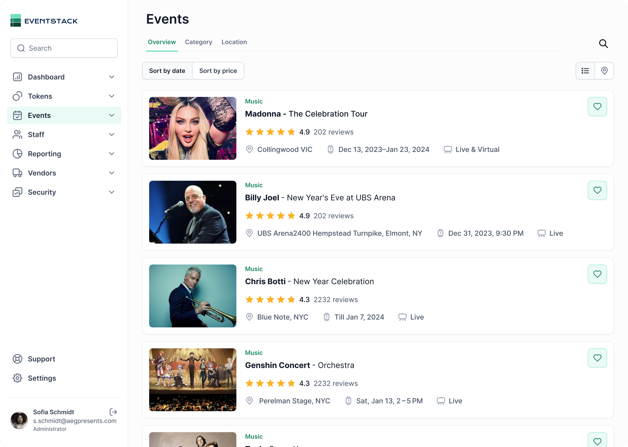 Admin — Events Overview, browsing all available events by the company