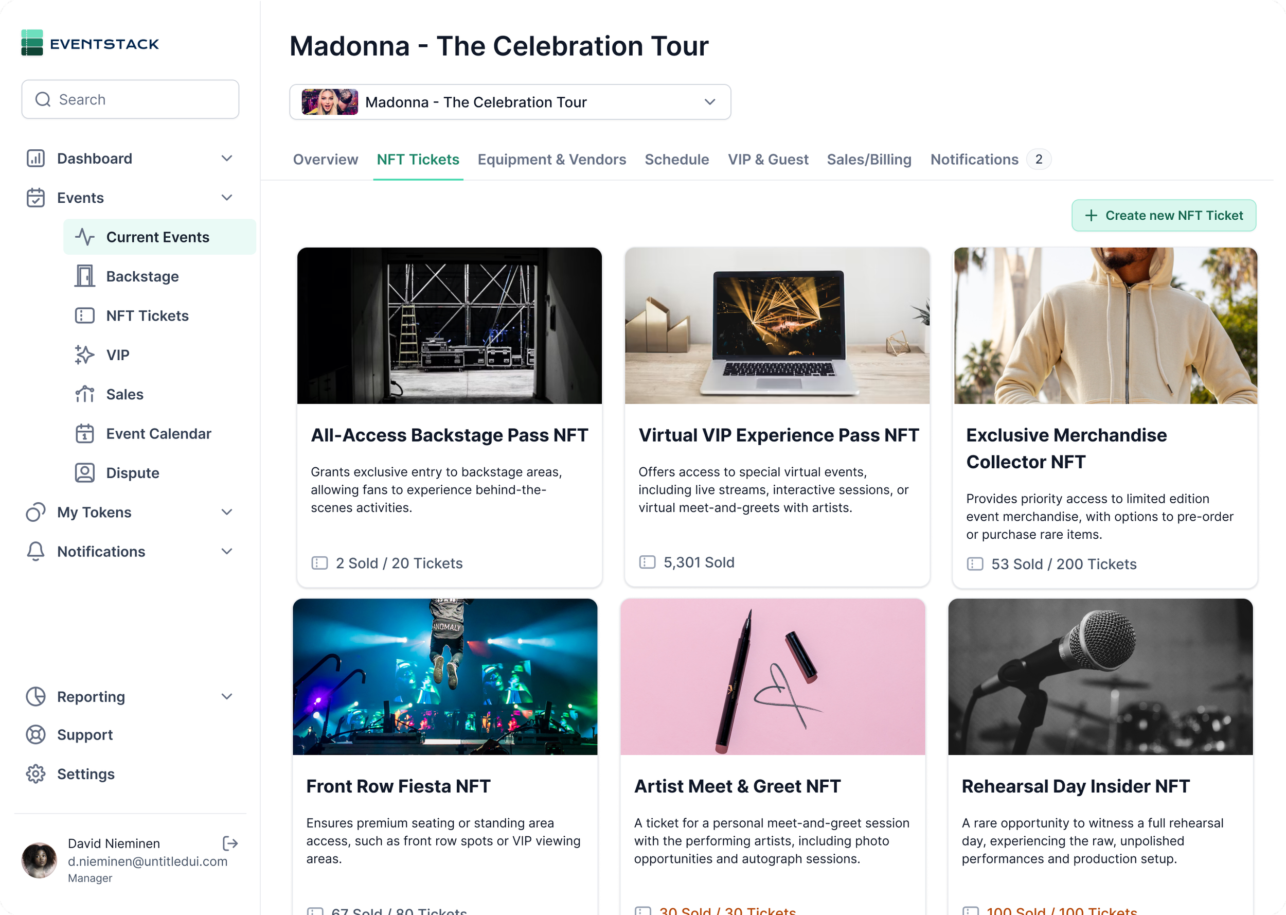 Manager — NFT Tickets, creating and managing specialized ticket tiers