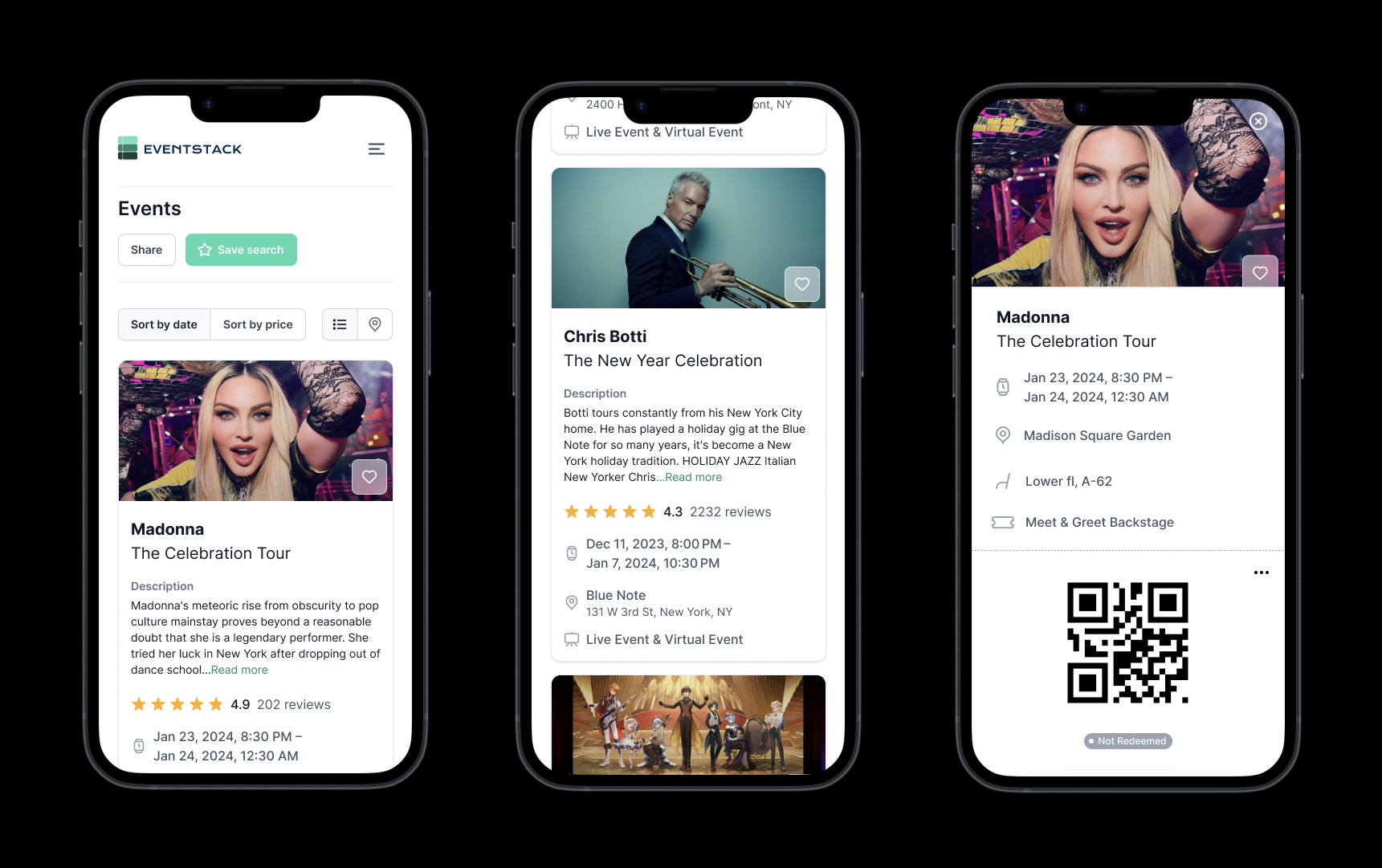 End user mobile wallet — event browsing, event detail, and NFT ticket with QR code for Madonna: The Celebration Tour